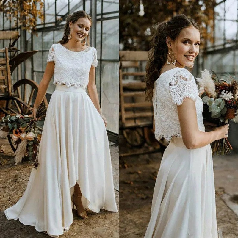 European and American cross-border bohemian two-piece wedding dress, asymmetrical long gown, suitable for outdoor beach photoshoots, with a sophisticated and elegant feel European and American cross-border bohemian two-piece wedding dress, asymmetrical long gown, suitable for outdoor beach photoshoots, with a sophisticated and elegant feel