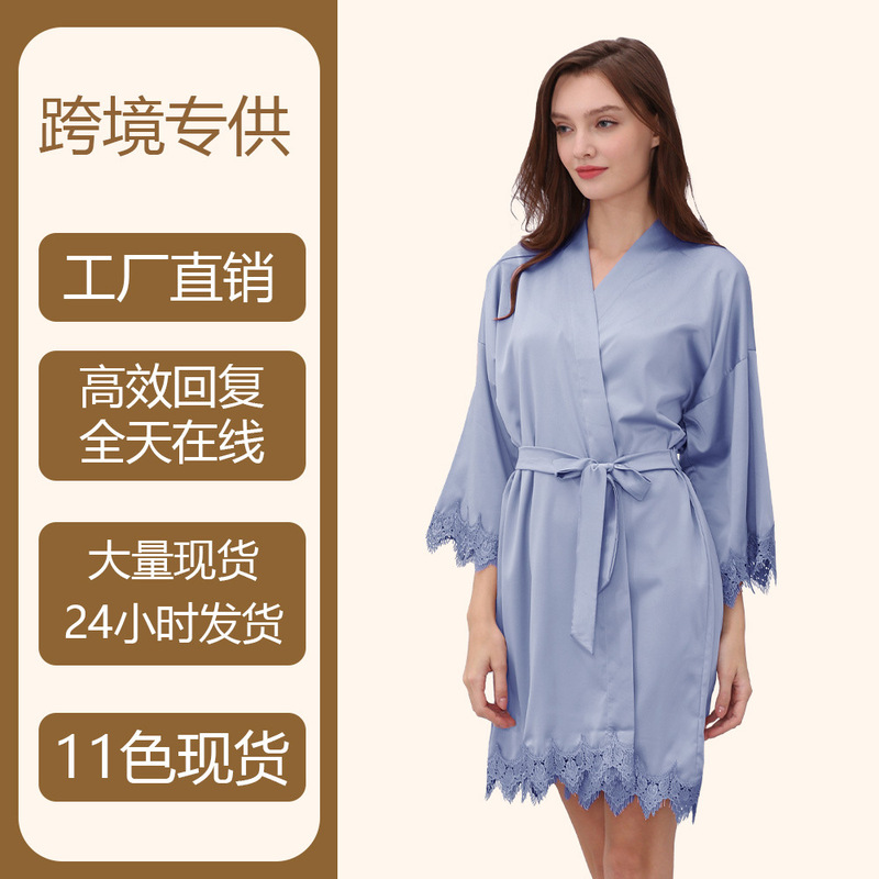 Cross-border sexy pajamas Ice Silk morning gown party morning gown bride bridesmaid nightgown matte satin lace nightgown