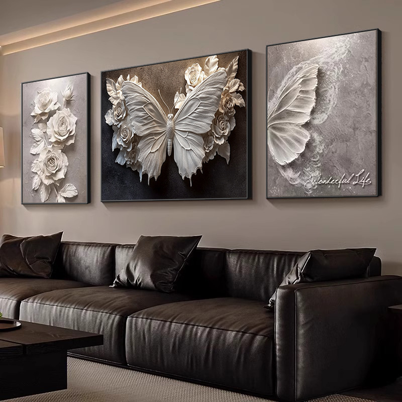 Butterfly Black and White Art Living Room Decoration Painting Triptych Sofa Background Wall Wabi-Sabi Style Hanging Painting High-End New Mural Butterfly Black and White Art Living Room Decoration Painting Triptych Sofa Background Wall Wabi-Sabi Style Hanging Painting High-End New Mural