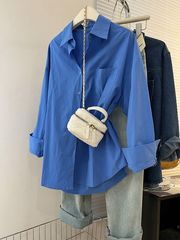 蓝色衬衫女春秋2025新款设计感小众休闲宽松叠穿长袖衬衣外套上衣