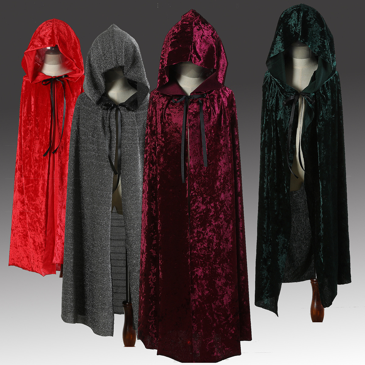 Halloween Costume for Children and Adults: Hooded Long Green Velour Cape with Ribbon, Witch Character Role-Playing Dress