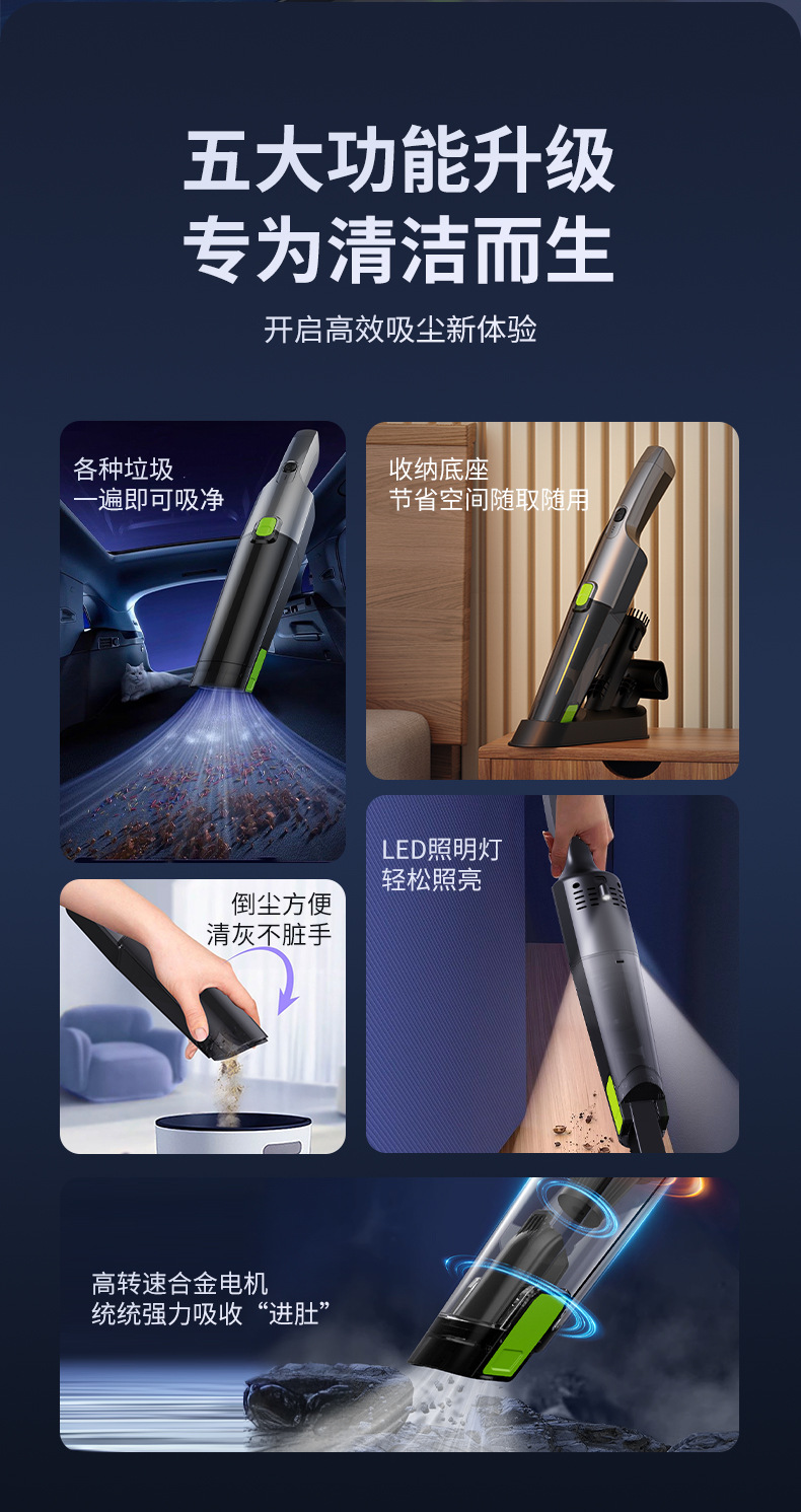 Cross-border household wireless charging portable vacuum cleaner with light, strong suction, multifunctional handheld small vacuum cleaner for car use