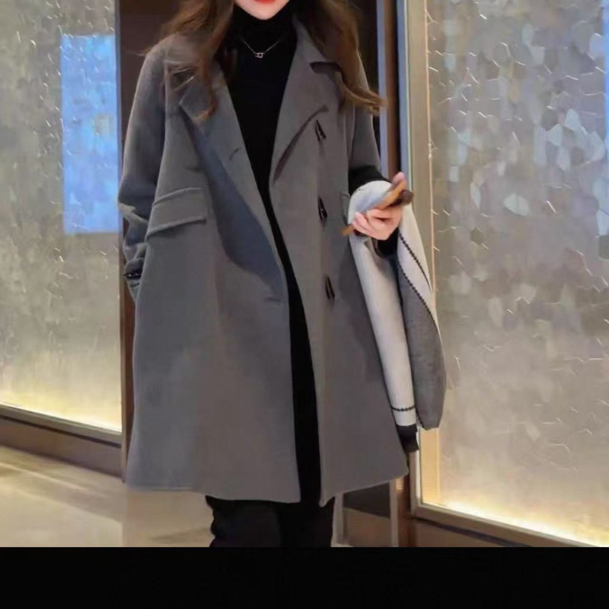 高端双面羊毛大衣女秋冬韩版宽松小个子中长牛角扣双面呢大衣外套