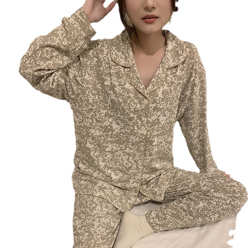 (2개) 봄 새 카디건 밀크 실크 긴팔 파자마 여성 일본과 한국 수묵화 모조 면 홈 옷 옷깃 사이버 기념 세트