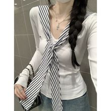 海军领披肩长袖打底衫女2025新款早秋韩系t恤小众设计感白色上衣