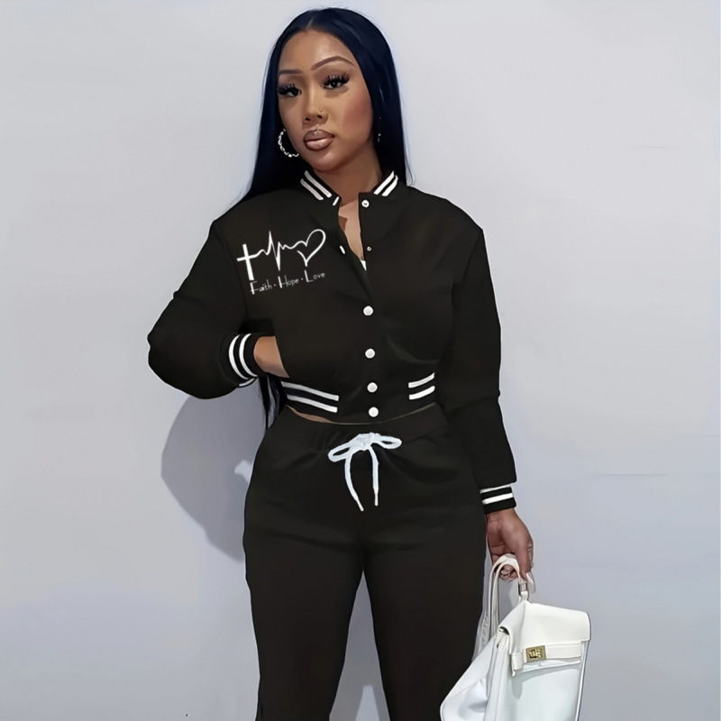 2025 Spring European and American Style Women's Solid Color Jacket Single-Breasted Baseball Print Set Women's Sports Two-Piece Set