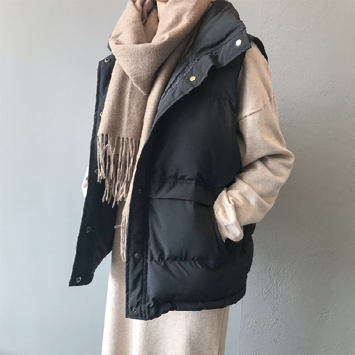 Chaleco de plumón para estudiantes, estilo coreano, corte holgado, chaqueta corta acolchada de otoño-invierno 2025 con cuello vuelto.