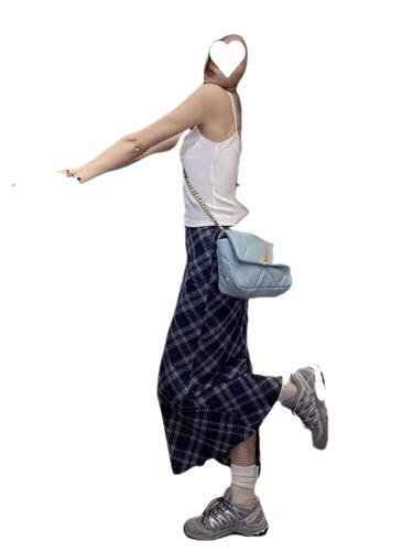Plus Size Women's Grid Semi-Skirt, Plaid Autumn/Winter Long Skirt Over Knee A-Line Skirt, Stylish Youthful Women's Skirt