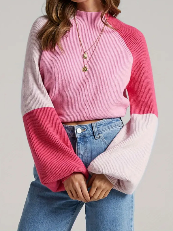 Damen-Strickpullover, Herbst/Winter-Mode, lockere Passform, Farbblock-Pullover, lässig, bequem, Rundhalsausschnitt, lange Ärmel_voghion.com