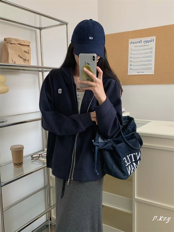 011 慵懒风连帽卫衣女秋季新款重工刺绣字母女式拉链开衫外套卫衣|undefined
