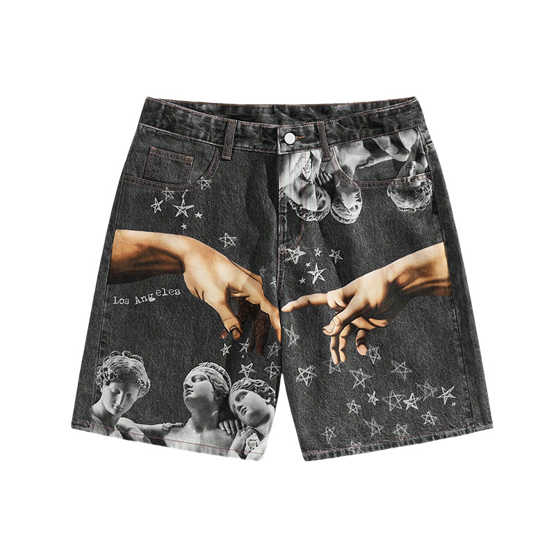 Pantalones de cinco puntos de mezclilla impresos europeos y americanos transfronterizos para hombres con impresión de material 3D inyección directa tendencia personalidad pantalones cortos casuales