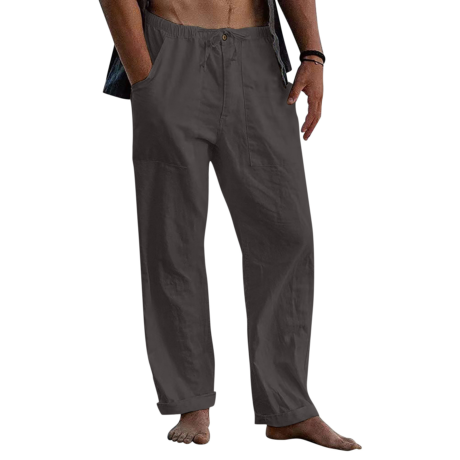 Pantalon en lin pour hommes, Yoga, plage, décontracté, taille élastique, cordon de serrage, poche de ceinture ample, été, 2024_voghion.com