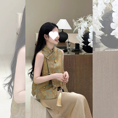 新しい中国風のスーツ 2025 新しい女性の夏の小柄な高さのコーヒー色のベスト酢酸ツーピーススカート