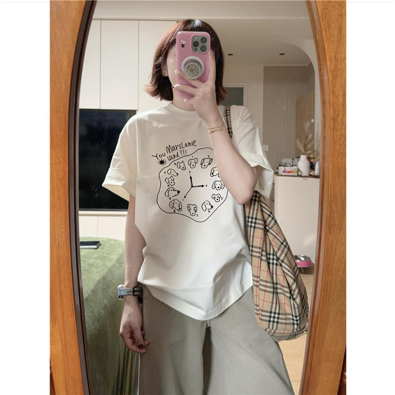 2027 summer new collection: pure cotton American-style trendy short-sleeve T-shirt for women, featuring a unique design with clock and cartoon motifs, giving it a Hong Kong-inspired chic look 2027 summer new collection: pure cotton American-style trendy short-sleeve T-shirt for women, featuring a unique design with clock and cartoon motifs, giving it a Hong Kong-inspired chic look