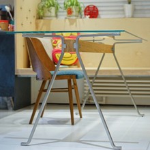 FRATE餐桌复刻中古不锈钢现代简约钢化玻璃透明工作台博主饭桌子