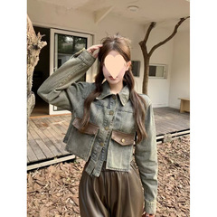美式复古设计拼接牛仔外套2025秋季新款宽松短款夹克别致上衣