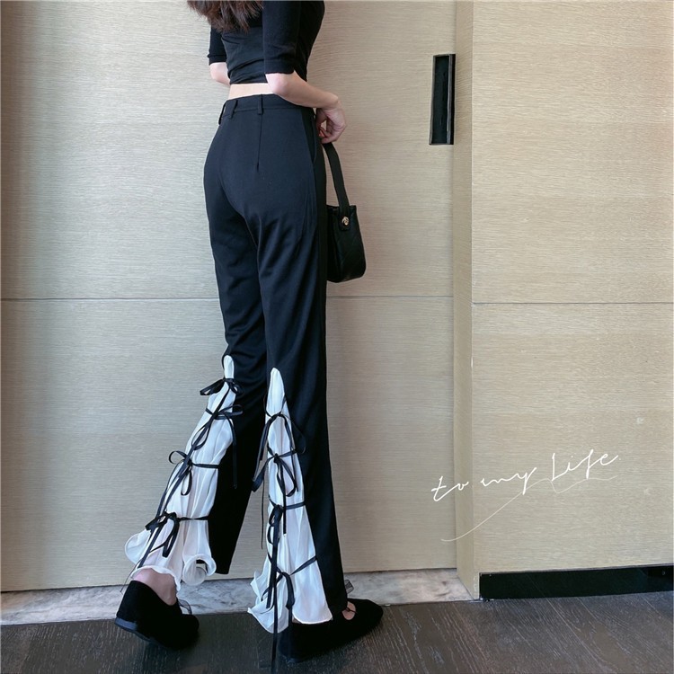 Contrast Color Pleated Bow Tie Pants Image 1
