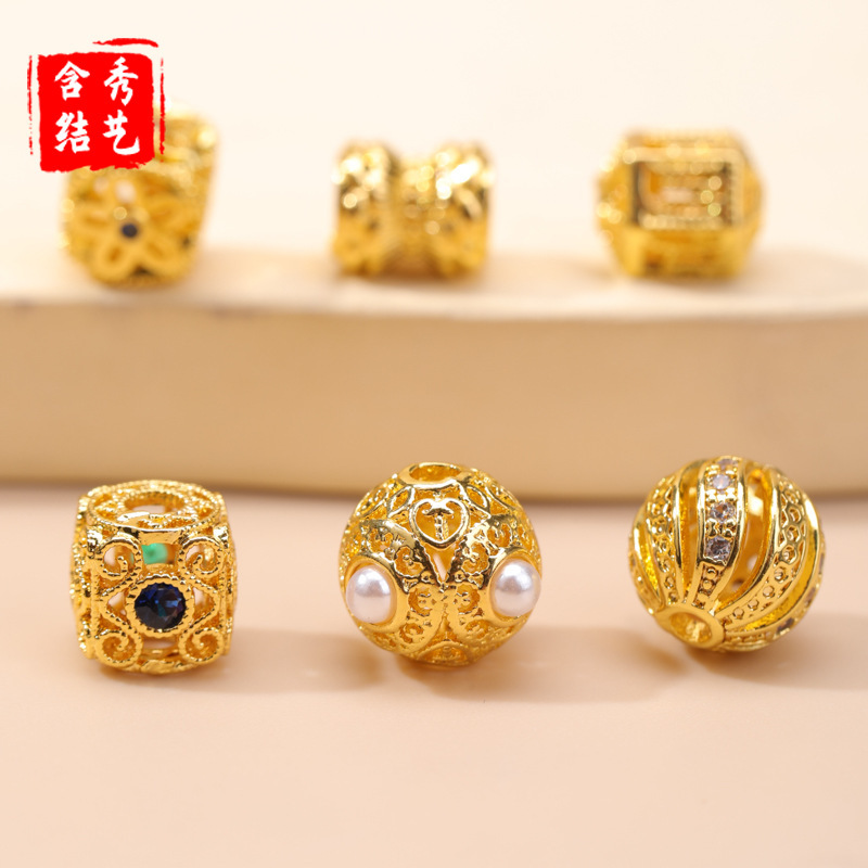 高保色铜镀金镶锆石珍珠跑环隔珠配件 镂空珠手链项链隔珠串珠diy|undefined