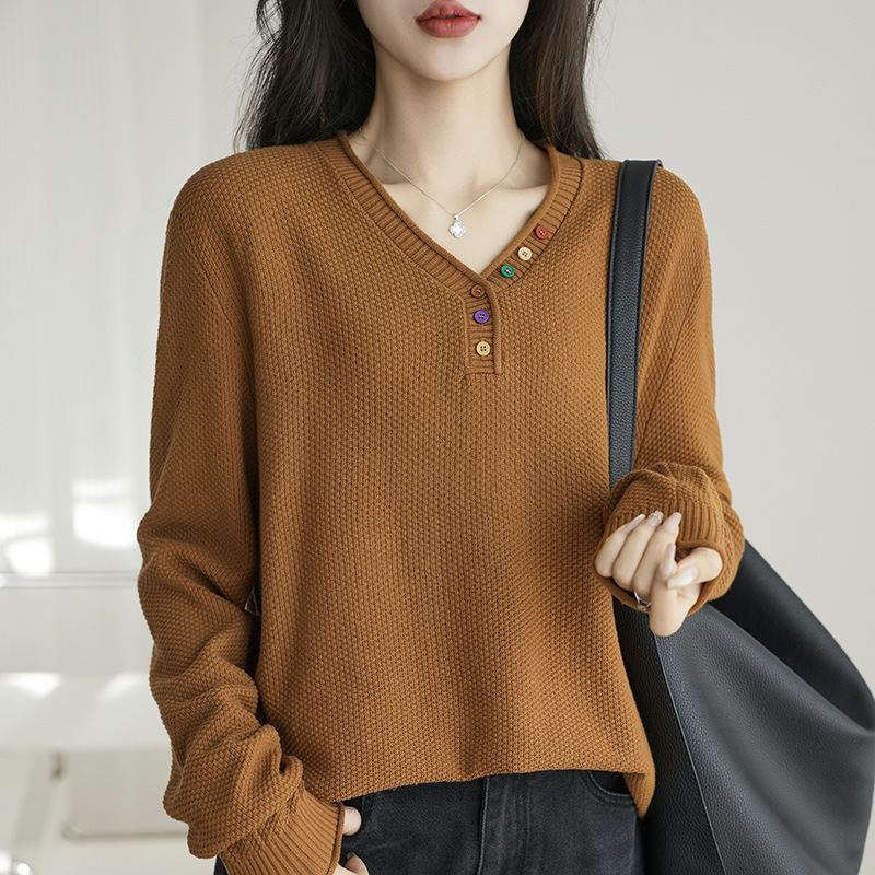 New Autumn and Winter 100% Pure Cotton V-Neck Pullover, Loose Casual Style, Lightweight Feel, Colorful Button-Up Top