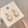 Silver needle, square universal earrings from pearl, silver 925 sample, internet celebrity, wholesale