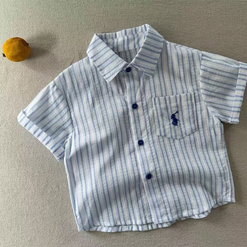 Children's Striped Shirt Men's 2025 Summer New Children's Solid Color Top Breathable Baby's Short-sleeved Shirt Women's Thin
