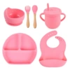 Y14 Smiling plate + silicone bowl + saliva pocket + wooden handle spoon and fork + straw cup