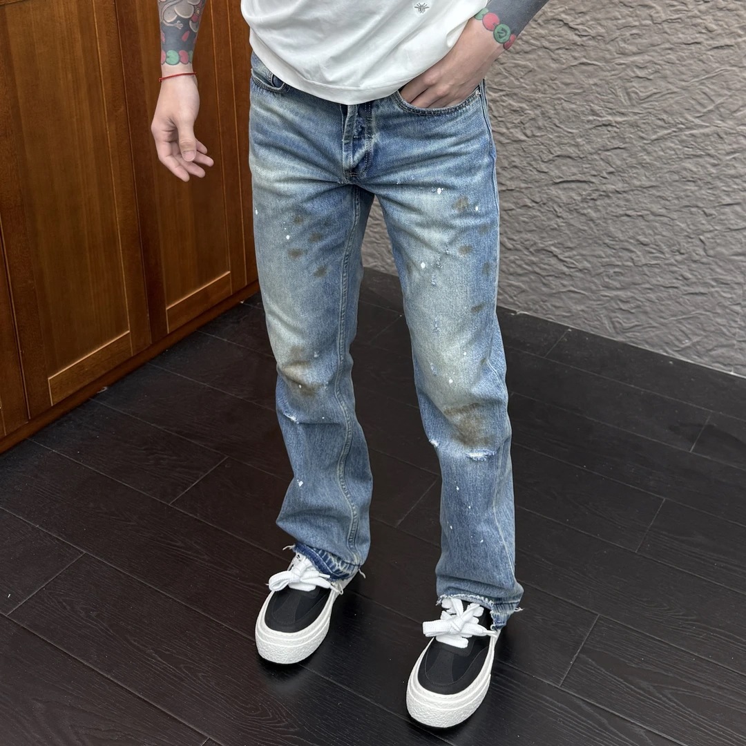 Men's Retro Graffiti Splatter Ripped Straight Leg Jeans Loose Fit Summer Design Light Luxury Thin Style_mkmklike.com