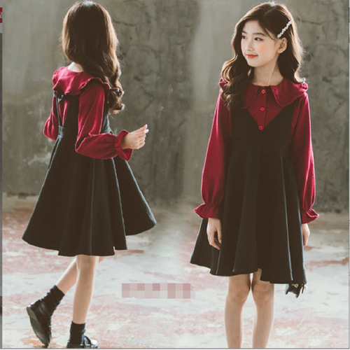 Girls' velvet dress suit, new style, girl's shirt, suspender skirt, princess two-piece Christmas performance outfit