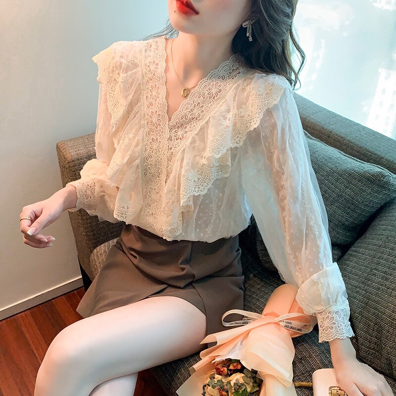 French-Style V-Neck Lace Shirt for Women, Unique and Stylish Design, Beautiful and Fashionable Blouse with Long Sleeves and Ruffles French-Style V-Neck Lace Shirt for Women, Unique and Stylish Design, Beautiful and Fashionable Blouse with Long Sleeves and Ruffles