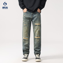 枫舍男装 /秋季新款美式潮流复古蓝个性破洞补丁宽松百搭牛仔裤