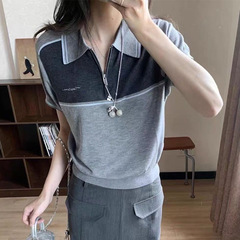 夏季独特复古拼接撞色翻领针织衫设计感外贸半拉链短袖女毛织工厂