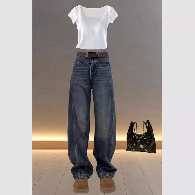 플러스 사이즈 좁은 넓은 다리 바지 청바지 여성의 가을 새 통통녀 느슨한 배 모양 마체 테 바나나 바지