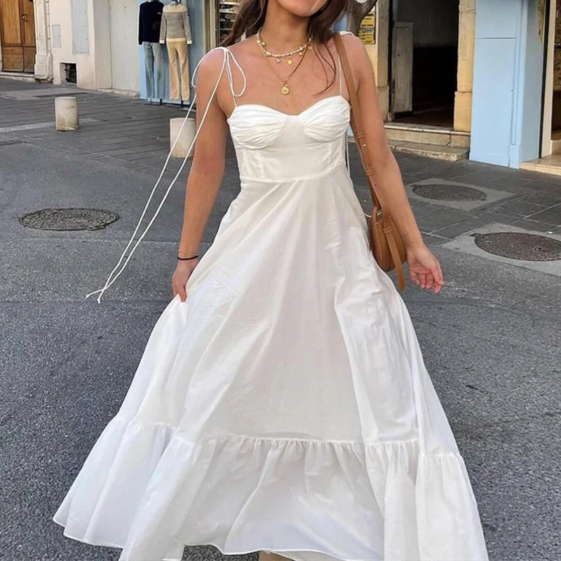 Sleeveless Sleeve Type Wholesale Women's Casual Elegant Streetwear Backless Solid Color Holiday Daily Selfie Strap Sleeveless Swing Dress