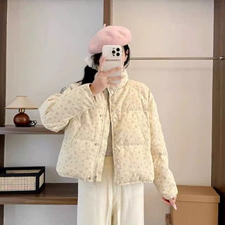 2026新款保暖羽绒服韩系短款甜美碎花立领鸭绒面包小个子冬季外套