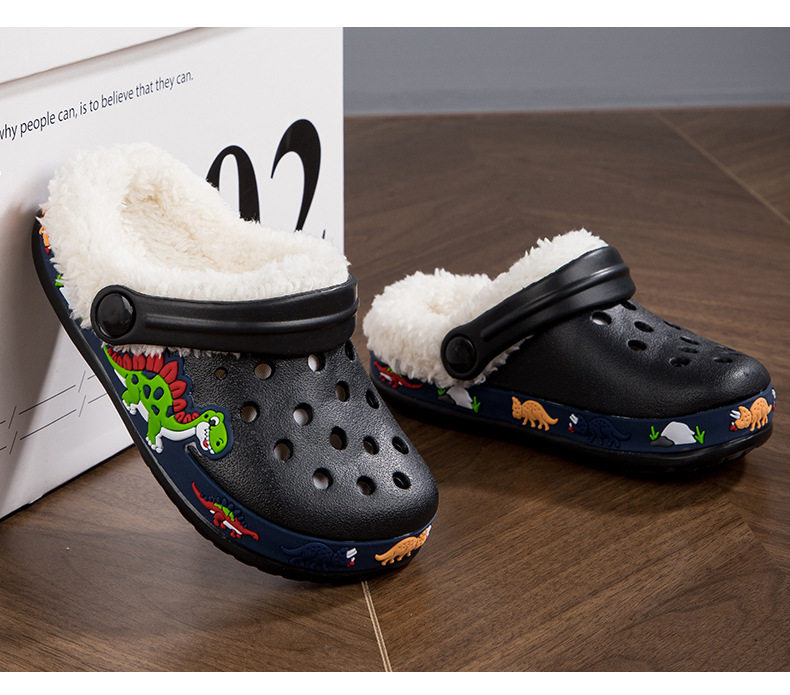 Giày clog trẻ em lót lông tháo rời họa tiết hoạt hình — —6 màu hồng, —6 màu đen, —6 xanh dương chi tiết 18