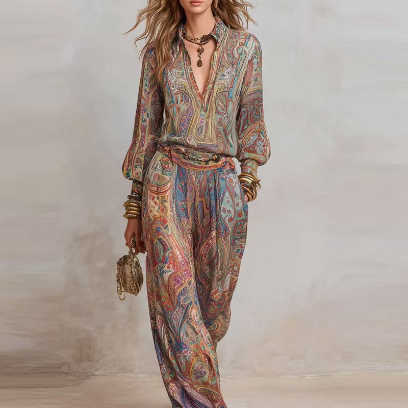 2026 European and American Cross-Border New Bohemian Paisley Print Long-Sleeve Wide-Leg Pants Two-Piece Fashion Casual Set 2026 European and American Cross-Border New Bohemian Paisley Print Long-Sleeve Wide-Leg Pants Two-Piece Fashion Casual Set