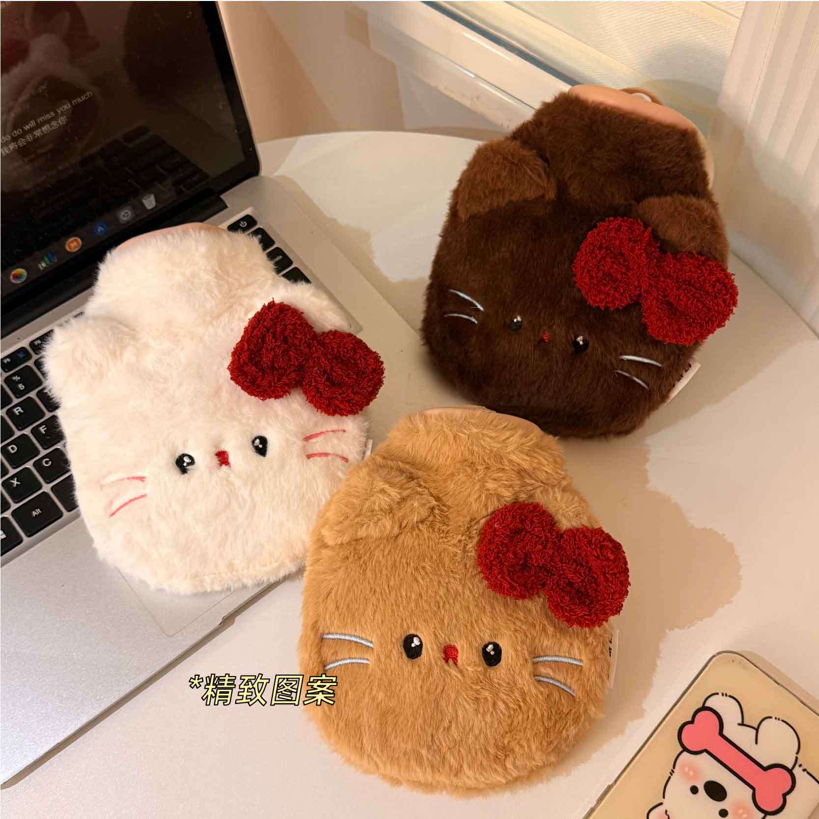 리본 고양이 털커버 보온 물주머니 500ml 손발 배 온수 찜질팩