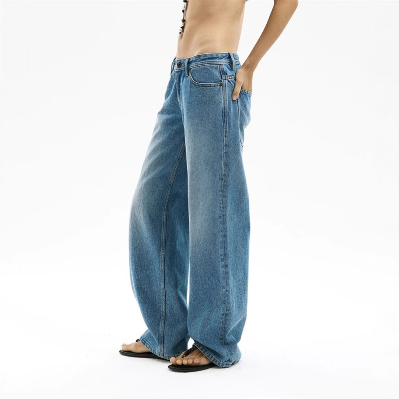 Vintage light blue Pure Cotton Washed Old Medium Low Waist Loose Straight-Leg Jeans for Women