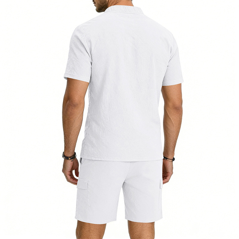Men's Linen Henley Short Sleeve Shirt & Shorts Set, Breathable Summer Casual Outfit For Outdoor Travel And Daily Relaxation_viptrois.com
