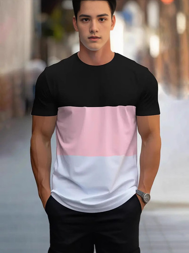 2025 Summer Fashion Patchwork Print Men's Crew Neck Loose Breathable T-Shirt Athletic Fitness Top