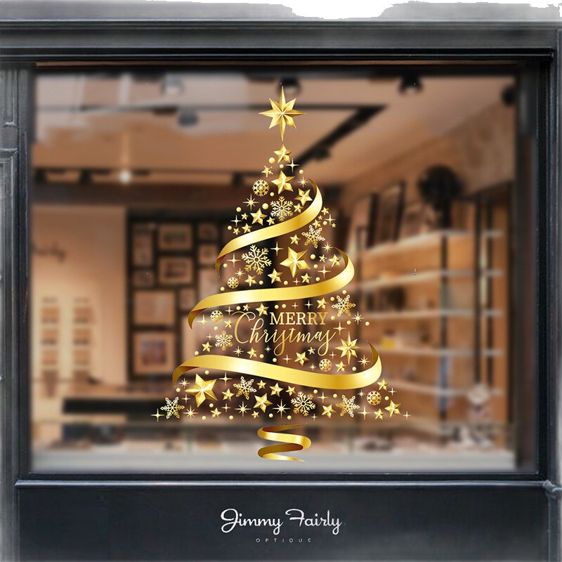 クリスマス装飾品シール金色大クリスマスツリー貼り画元日デパートガラスショーウインドーシーン配置貼り|undefined