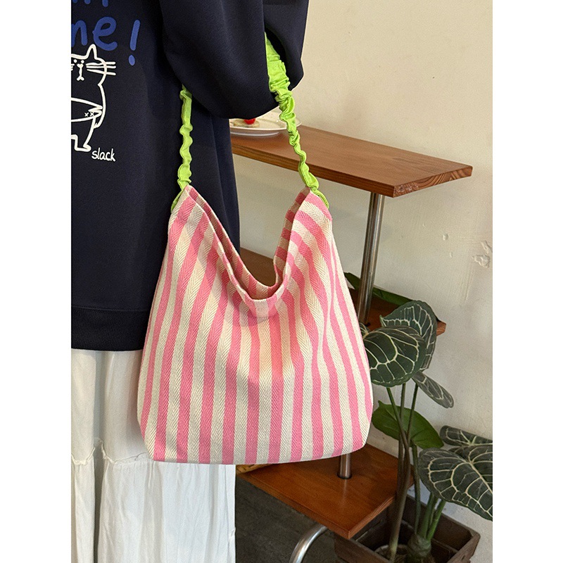 Striped Ruffle Strap Soft Canvas Shoulder Bag 2