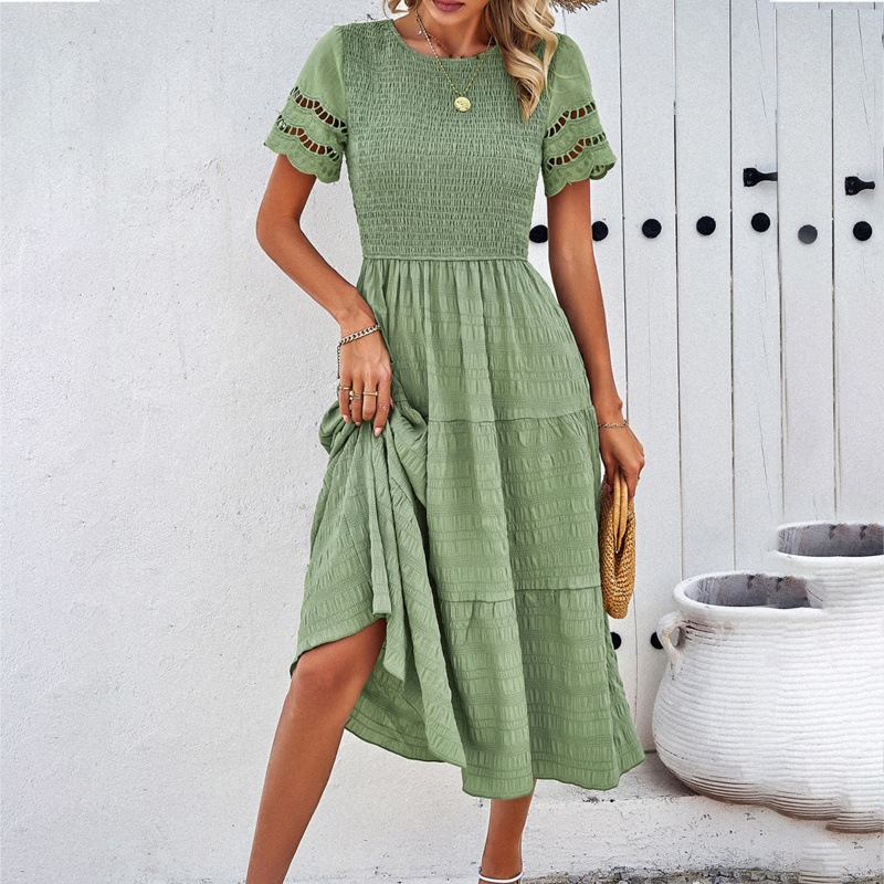 Fashionable Ruched Solid Color Short-Sleeve Dress for Women, 2026 Summer New Versatile High-Waisted A-Line Long Dress with an Elegant and Graceful Look