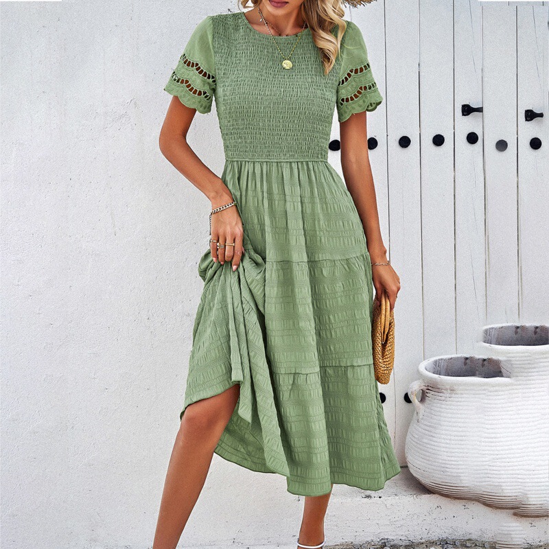 Fashionable Ruched Solid Color Short-Sleeve Dress for Women, 2026 Summer New Versatile High-Waisted A-Line Long Dress with an Elegant and Graceful Look