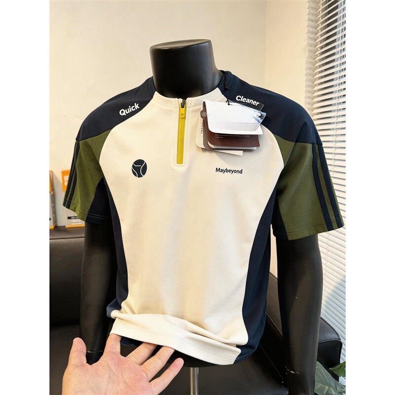 Cross-Border Wholesale Outdoor Quick-Drying Half-Zip Color-Block Short-Sleeved Shirt for Men, Summer Loose-Fitting Running Sports Training Cycling Clothing