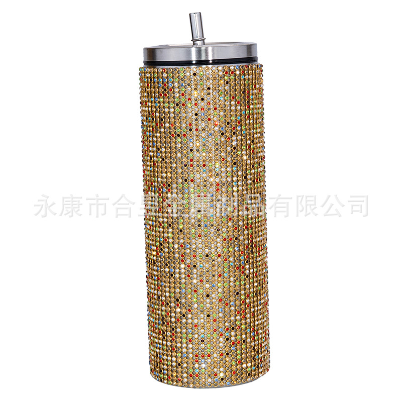 Bling rhinestone taladro 20oz vacío aislado paja de acero inoxidable taza café cuerpo recto adelgazamiento taza