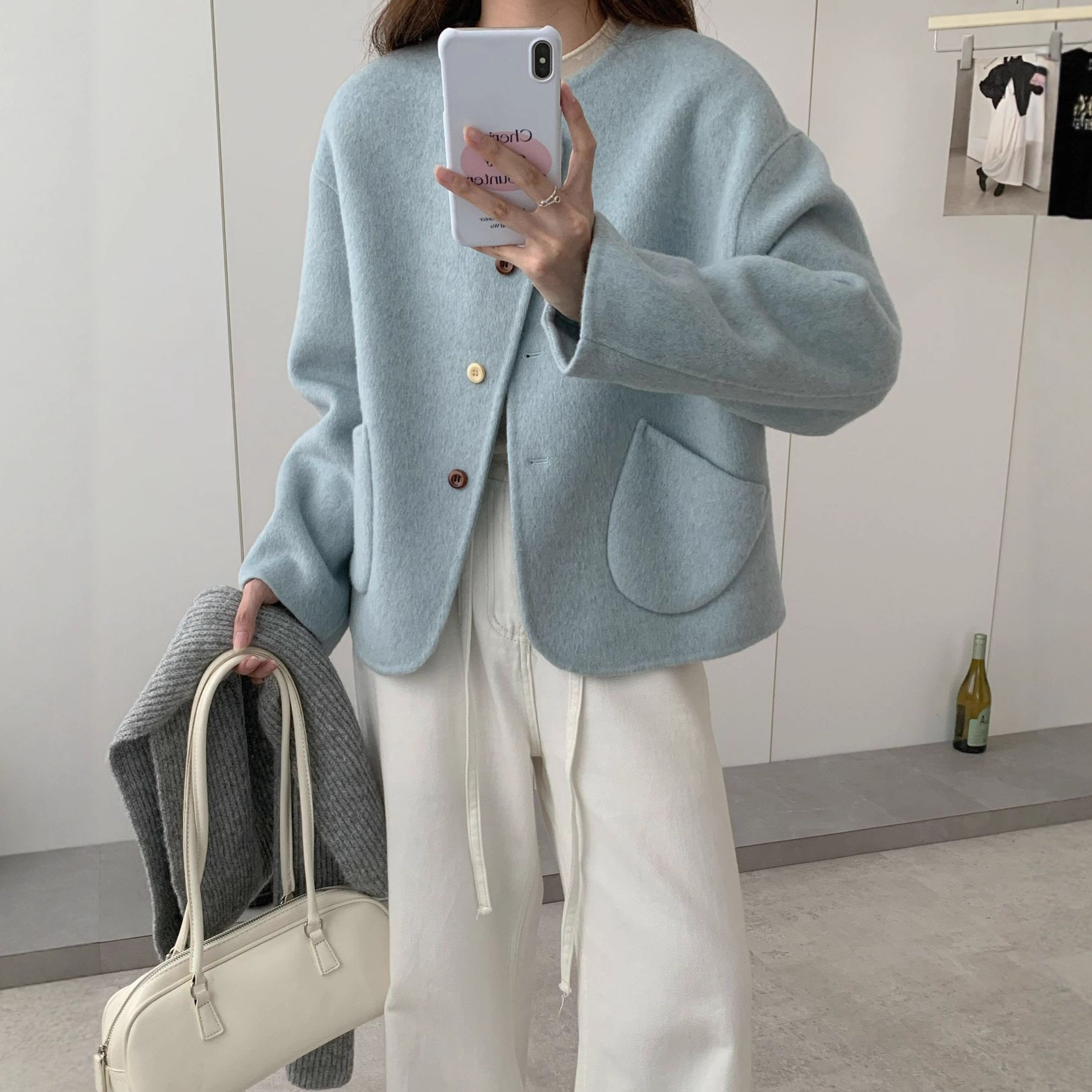 Round Neck Woolen Outwear Women's Thickeneded Single-Breasted Loose Korean Style Short Double-Sided Woolen Outwear for Small People 2025 New Style