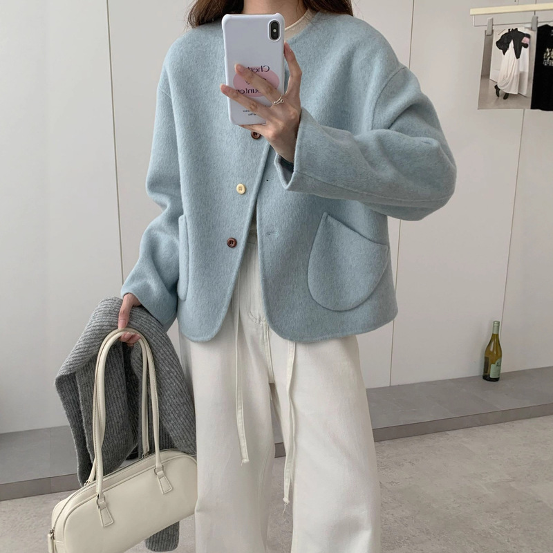 Round Neck Woolen Outwear Women's Thickeneded Single-Breasted Loose Korean Style Short Double-Sided Woolen Outwear for Small People 2025 New Style