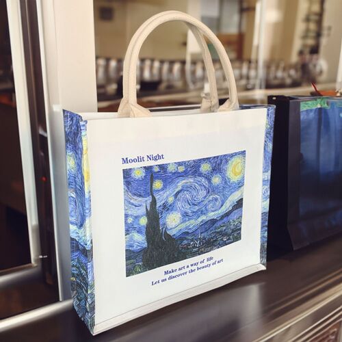 Vincent van Gogh White Rose Starry Night Canvas Bag Retro Oil Painting Canvas Tote Custom Casual 3D Laminated Handbag
