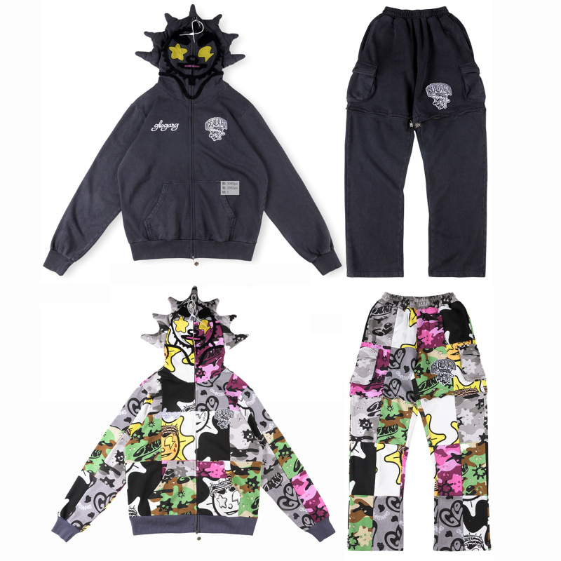 Foreign Trade Wholesale Glo Gang Cross-Border Trendy Brand Hooded Zipper Embroidered Logo Set